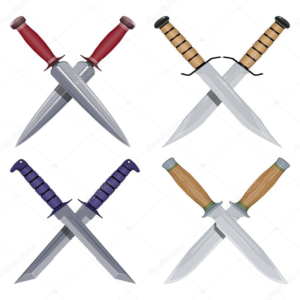 Crossed Dagger. Set of Combat Crossed Knives. Hunter Knife. Typical Hunter Knives. Crossing Bayonets. Vector graphics to design.