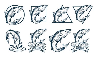 Somon Logosu. Balık Logo Şablonu. Taze Balık Sticker Kavramı. Balık Rozeti. Deniz Ürünleri Logosu. Deniz Balığı. El Çizilmiş Deniz Ürünleri Amblemleri. Tasarıma vektör grafikleri.