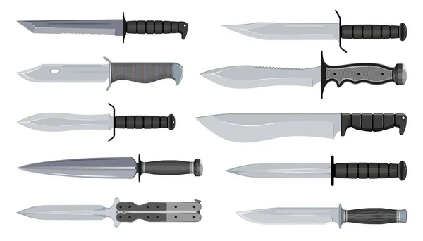 Types de couteaux militaires. Couteaux de chasseur typiques. Types de lames. American Tanto. Bras en acier. Graphiques vectoriels à concevoir . — Image vectorielle