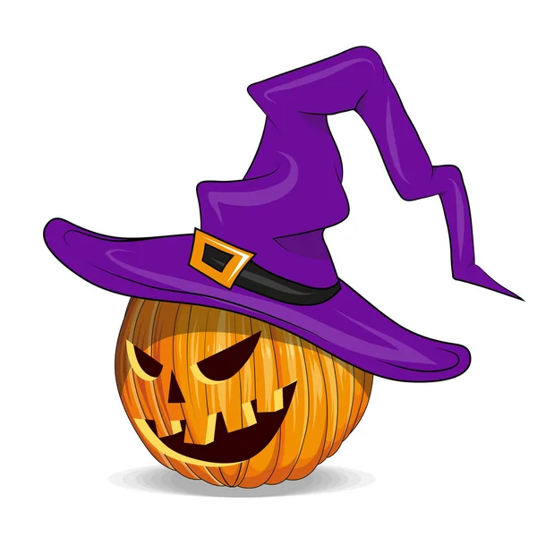 Halloween pompoen met uitgesneden ogen. pompoen met Witch hat. Happy Halloween vakantie. Oranje pompoen met glimlach. Jack Lantern attribuut van alle heiligen dag. Vector afbeeldingen om te ontwerpen. — Stockvector