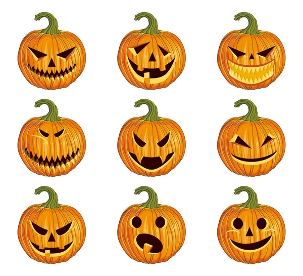 Set van Halloween eng pompoenen. Oranje pompoen met glimlach voor de vakantie Halloween. Pompoen emoticon set. Herfstvakantie. Vector afbeeldingen om te ontwerpen. — Stockvector