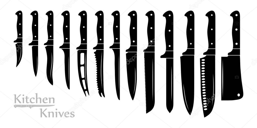 Different Types Silhouettes of Kitchen Knives. Cutlery Chef's: Meat Cleaver, Small Bread, Carving, Banning, Paring, Steak, Bread. Collection of Kitchenware Knives for various Purposes.