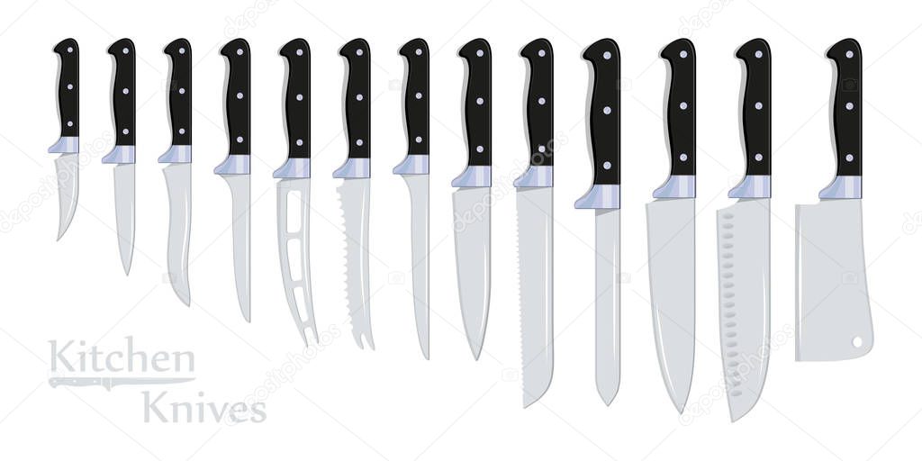 Different Types of Kitchen Knives. Cutlery Chef's: Meat Cleaver, Small Bread, Carving, Banning, Paring, Steak, Bread. Collection of Kitchenware Knives for various Purposes. Vector graphics to design.