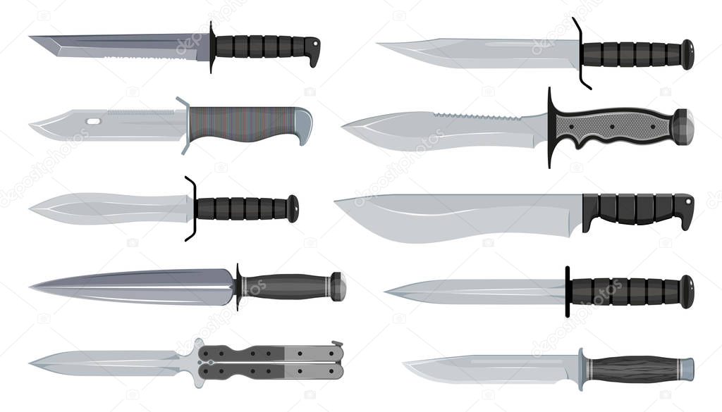 Types of Military Knives. Typical Hunter Knives. Blade Types. American Tanto. Steel Arms. Vector graphics to design.