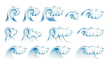 Mavi Fırtınalı Deniz Dalgaları. Splash ve Gale. Okyanus Yüzey Dalgası. Tasarıma vektör grafikleri.