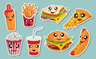 Şirin kawaii fast food seti. Kawaii yüzleri. Fast food çizgi filmi. Kawaii gözleri. Şirin Junk yemeği Fast food Çizgi Film Set Vektör Çizgi Filmi. Tasarlanacak vektör grafikleri.
