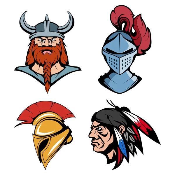 Spartaanse helm als hoofd. Amerikaans Indiaas opperhoofd. Vikingkop geschikt als logo voor teammascotte. Ridderkrijger in gevechtshelm geschikt als logo of teammascotte. Vectorafbeeldingen om te ontwerpen. — Stockvector