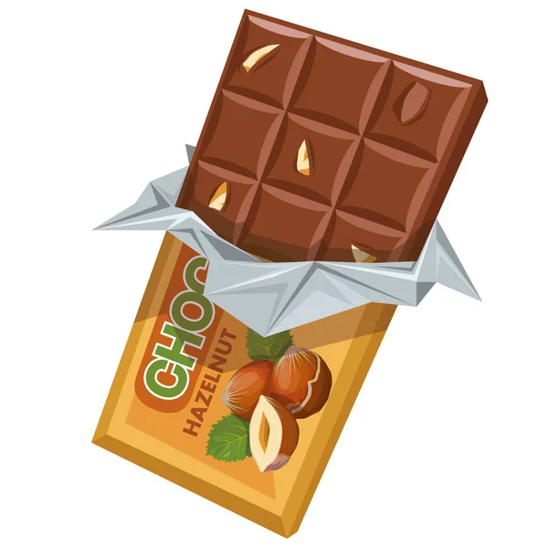 Barra de chocolate con avellana. Chocolate con leche. Bloque edulcorado hecho de semillas de cacao tostadas y molidas. Barra de chocolate con leche y trozos de avellana. Confitería. Chocolate product.Vector gráficos — Archivo Imágenes Vectoriales