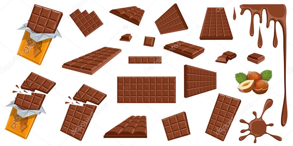 Chocolate. Hazelnut. Milk chocolate. Sweetened block made from roasted and ground cacao seeds. Milk chocolate bar and pieces. Confectionery. Set of different foreshortening of chocolate products.