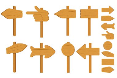 Çeşitli boş tahta tabelalar, beyaz arka planda tahta ok işareti. Retro, eski ya da çivili eski tabelalar. İleti pankartları ya da yol bulma işaretleri. Tasarlanacak vektör grafikleri.