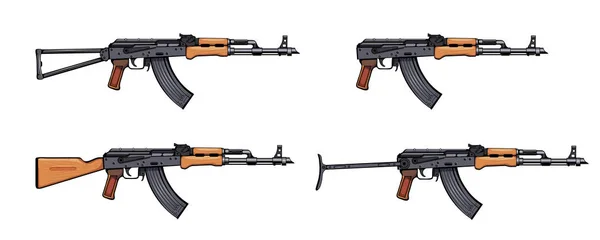 Kalasnyikov puska. Lőfegyverek. Színes képsor Kalasnyikov támadó puska Ak-47, Akm, Akc, Akmc, Ak-74. Fegyverek a csatában. Támadó fegyver Wireframe. Géppuskák. Testi sértő puskák. Vektorgrafika — Stock Vector