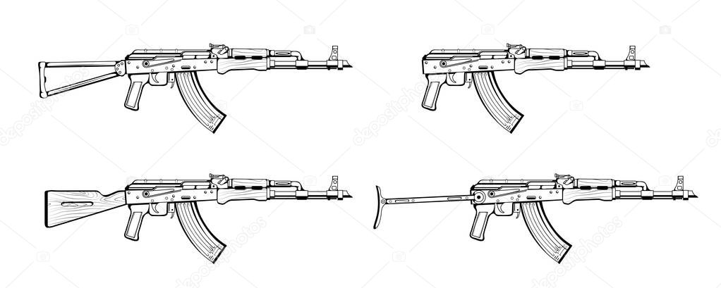 Vector Sketch Set of Weapons. Assault Gun Wireframe. Machine guns, assault rifles, old and modern. A vector illustration of an assault rifle. Assault rifle illustration Icon. Vector graphics to design