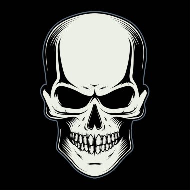Kafatasının vektör çizimi. Dövme ya da tişört izi için insan kafatası. Bir spor takımı için çene çizimi. Vektör karakter. Maskot, logo ya da sembol çizimi. Siyah arkaplanda kafatası.