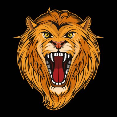 Bir aslanın vektör illüstrasyonu. Dövme ya da tişört izi için Kükreyen Aslan. Bir spor takımı için kızgın hayvan çizimi. Vektör karakter. Maskot, logo ya da sembol çizimi. Siyah arkaplanda aslan
