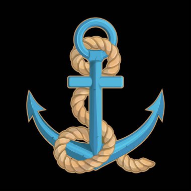 Gemi çapasının vektör çizimi. Dövme ya da tişört izi için ip. Bir spor takımı için dayanak noktası illüstrasyonu. Vektör karakter. Maskot, logo ya da sembol çizimi. Siyah arkaplanda geminin çapası