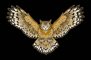 Baykuşun vektör çizimi. Dövme ya da tişört izi için vahşi kuş. Spor takımı için kuş çizimi. Vektör karakter. Maskot, logo ya da sembol çizimi. Siyah arkaplanda baykuş