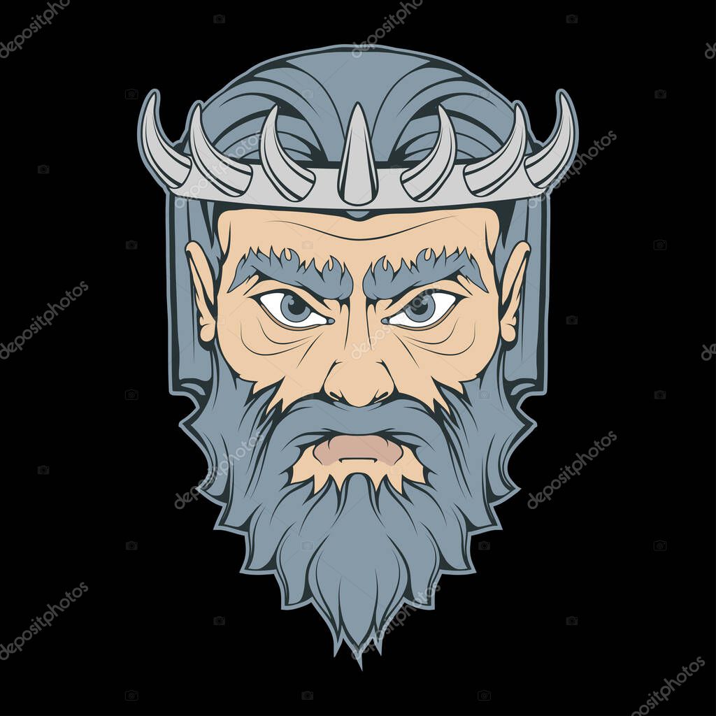 Vector illustration of a Hades. Greek god for tattoo or t-shirt print. Olympian god illustration for a sport team. Vector character. Sketch for mascot, logo or symbol. Hades on black background