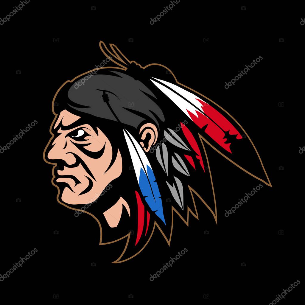 Illustration of a Indian warrior. Warrior for tattoo or t-shirt print. Indian Chief illustration for a sport team. Vector character.Sketch for mascot, logo or symbol. Indian Chief on black background