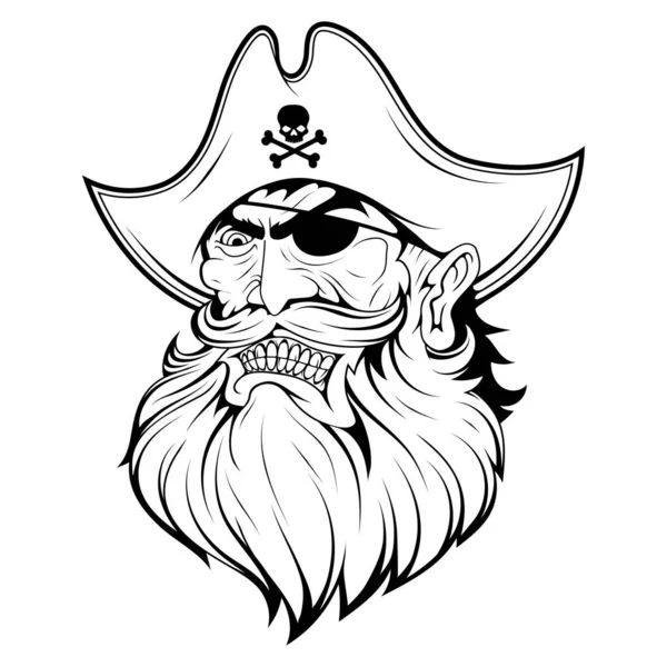 Skäggiga Onda Pirat Pirattatuering Kapten Logotyp Piratögat Buccaneer Hatt Vintage — Stock vektor