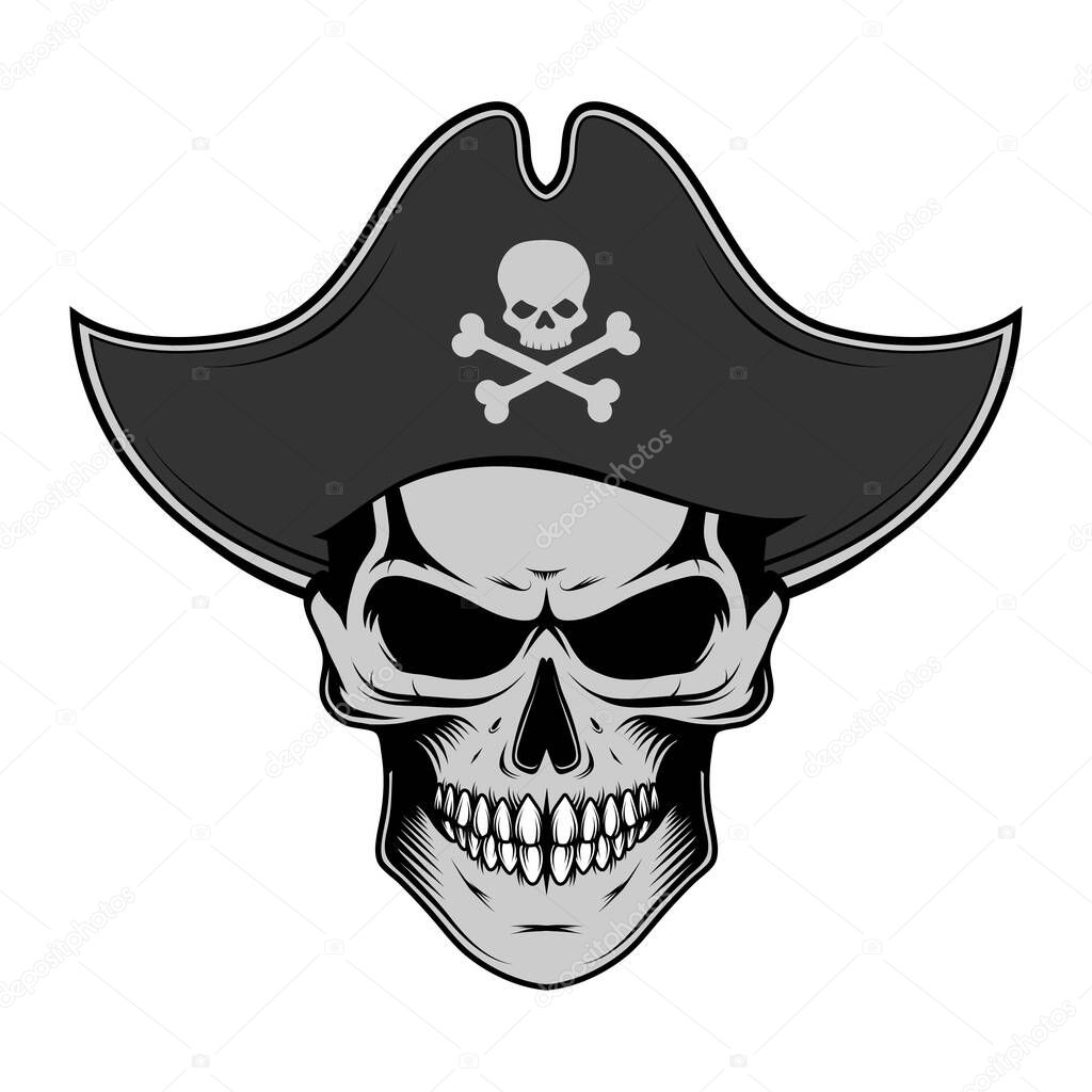 Skull evil pirate. Pirate tattoo. Captain logo. Pirate Eye. Buccaneer hat. Vintage sailor character. Filibuster face. Freebooter. Monochrome style. Vector graphics to design.