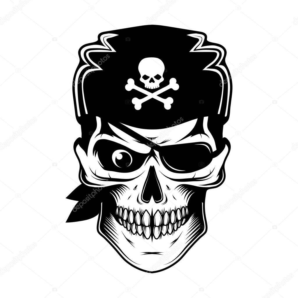 Skull evil pirate. Pirate tattoo. Captain logo. Pirate Eye. Buccaneer hat. Vintage sailor character. Filibuster face. Freebooter. Monochrome style. Vector graphics to design.