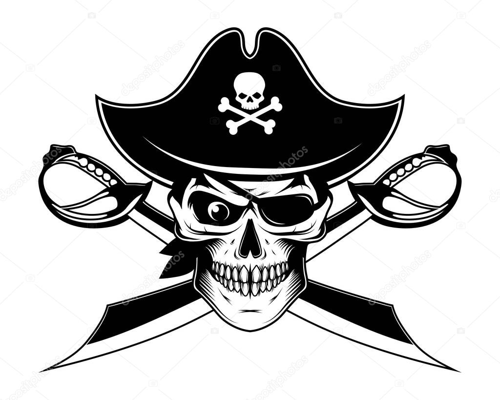 Bearded evil pirate. Sabers crosswise. Captain logo. Pirate Eye. Buccaneer hat. Vintage sailor character. Filibuster face. Freebooter. Monochrome style. Vector graphics to design.