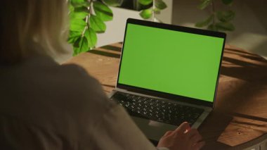 Sıcak, güneşli bir odada, ahşap bir masada yeşil ekranlı dizüstü bilgisayar kullanan birinin omuz üstü görüntüsü..