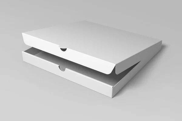 Realistische 3D-Rendering-Pizzakartonattrappe auf grauem Hintergrund. — Stockfoto