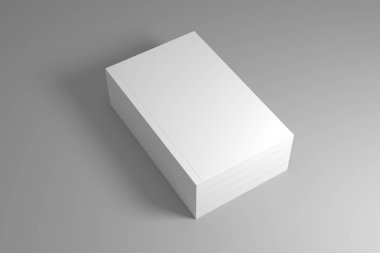 Gölgeli gri arka plan üzerinde boş kitap yığını. 3D çizim şablonu sahte.