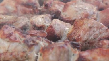 Yakın çekim shashlyk bir barbekü üzerinde Marine. Barbekü ızgara sığır eti üzerinde duman. İştah açıcı şiş şiş üzerinde.