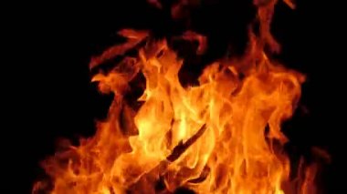 Tatlı turuncu siyah arka plan üzerine alev ateş. Sıcak alevler içinde şömine ahşap günlükleri. Kamp ateşi yakacak odun yanık.