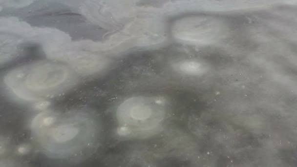 Aerial View Frozen Water Surface River Winter Time — Stock Video