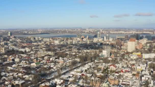 Urban Fågelperspektiv Över Dnipro Stadssiluett Vinter Stadsbilden Bakgrund Dnepr Dnepropetrovsk — Stockvideo