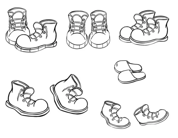 穿上鞋子平面设计。脚踝和中靴，运动鞋，游手好闲，莫卡辛插图. — 图库照片