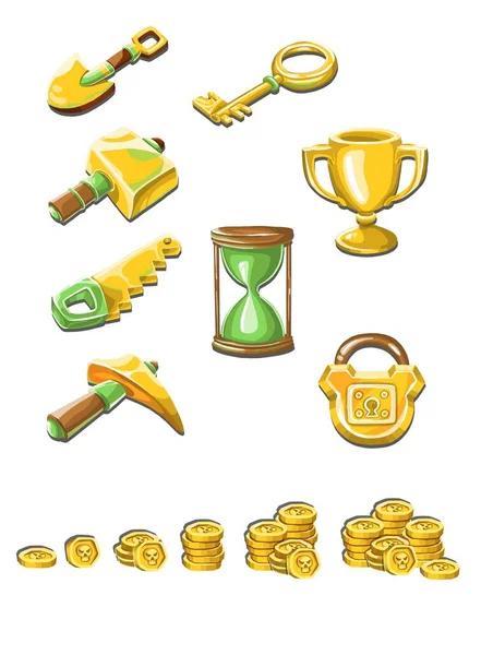 Tool icon set: spade, watch, hammer, pickaxe, saw, key, lock, money — Stock Photo, Image