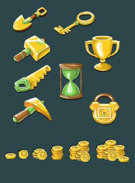 Tool icon set: spade, watch, hammer, pickaxe, saw, key, lock, money — Stock Photo, Image