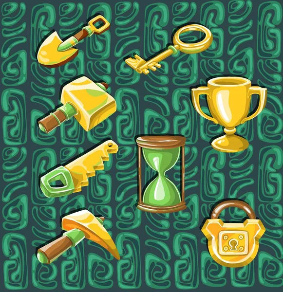 Tool icon set: spade, watch, hammer, pickaxe, saw, key, lock, money — Stock Photo, Image