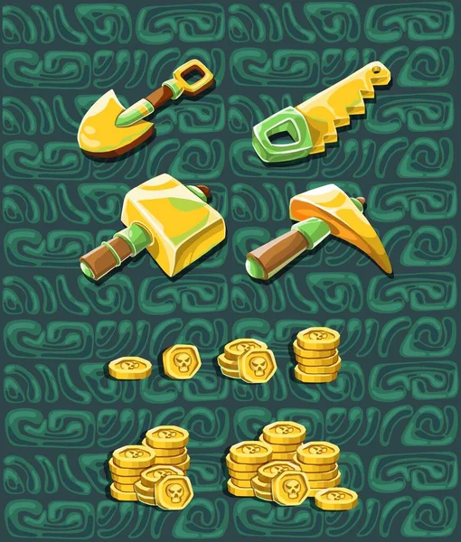 Tool icon set: spade, watch, hammer, pickaxe, saw, key, lock, money — Stock Photo, Image