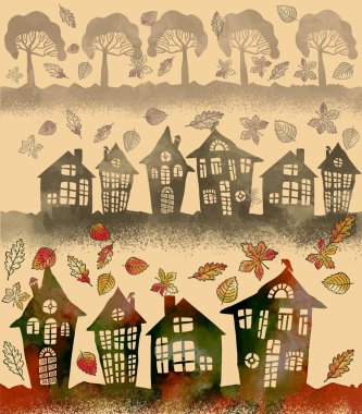  Sonbahar tasarımı. Sonbahar ağaçları, yapraklar ve ek elementlerle suluboya ev. sonbahar bileşimi.