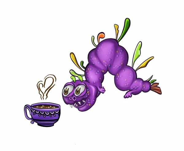 Smiling caterpillar runs to a cup of coffee — Stock Photo, Image