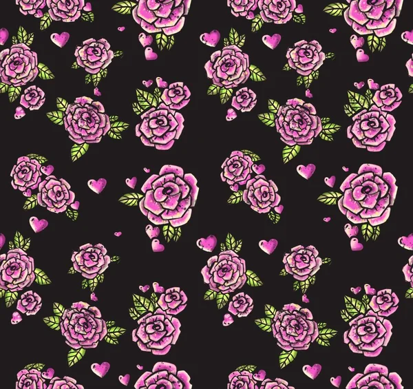 Roze rozen patroon. Zwarte achtergrond. — Stockvector