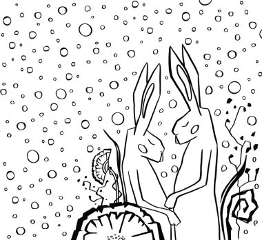 İki tavşan. Grafiksel siyah çizgi.