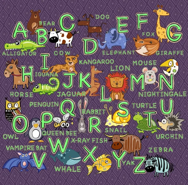 Sevimli çizgi film hayvanlarıyla dolu parlak alfabe. — Stok Vektör