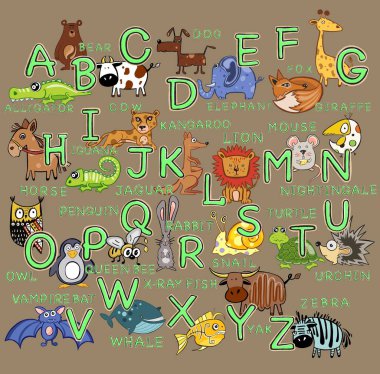  Şirin çizgi film hayvanlarıyla dolu parlak alfabe. Çizgi film harfleri ve hayvanlar leopar, ayı, köpek, aslan