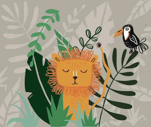 Cute lion with leaves and cockatoo