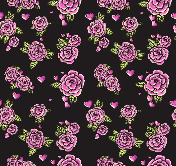 Pink roses pattern. Black background. — Stock Photo, Image