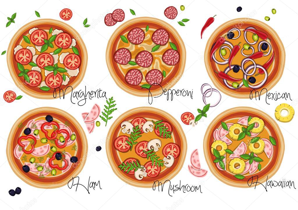 Set of pizzas with various fillings. illustration