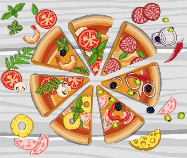 Zestaw pizzy z różnymi nadzieniami. ilustracja — Wektor stockowy