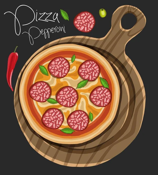 Pizza dibujada a mano en la tabla de cortar — Vector de stock