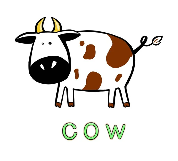 Χαριτωμένη αγελάδα κινουμένων σχεδίων και η επιγραφή — Φωτογραφία Αρχείου